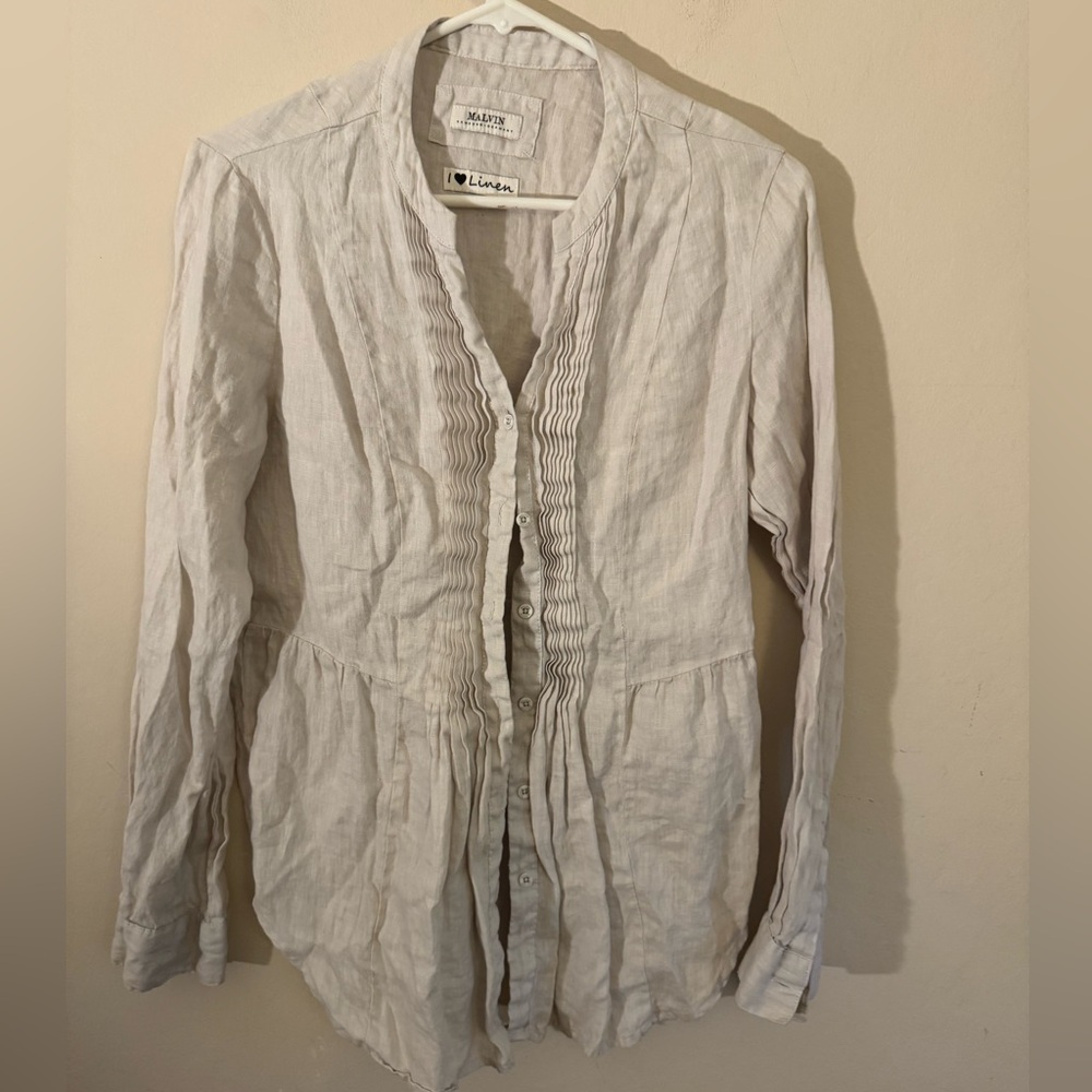 Malvin I ❤️ Linen Top Womens Oatmeal V-Neck Button Roll Tab Long Sleeve Sz S